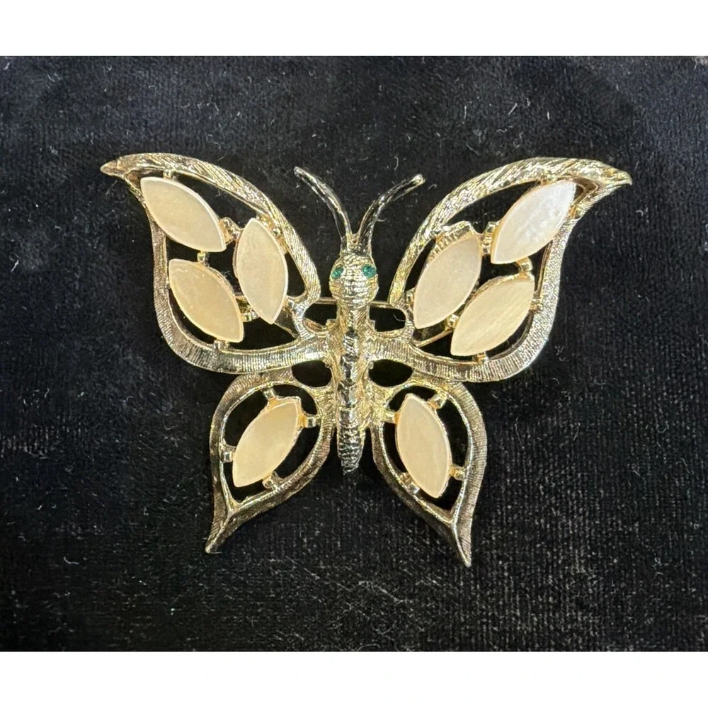 Vintage Gold Tone Butterfly Brooch Cream Marquise Stones Green Eyes‎ 1960s
